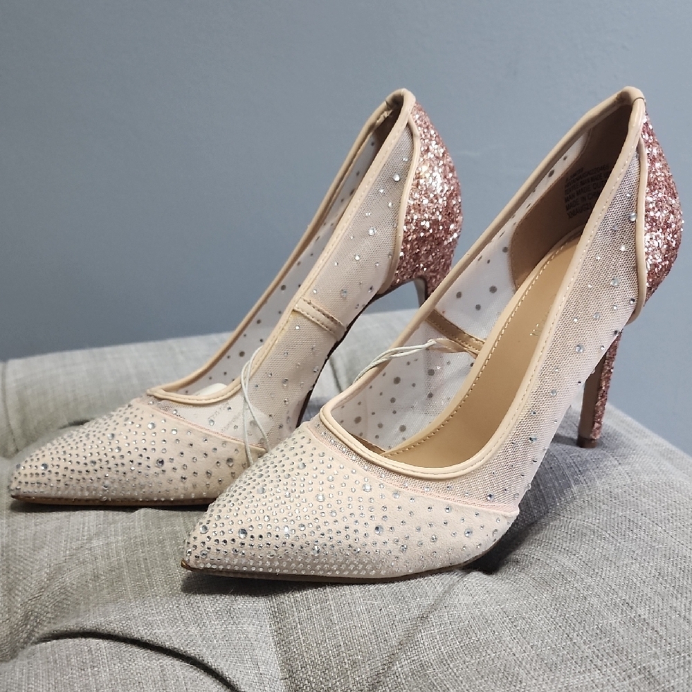 BCBGeneration Pink and Cream Heels with Rhinestone Embellishments